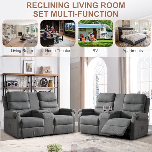 Reclining Loveseat Sofa with Storage Console and Cup Holders, Grey A7569