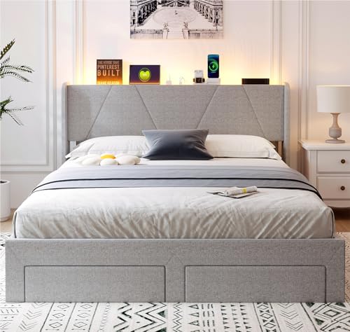 Queen Bed Frame with Storage Headboard and 4 Drawers, LED Upholstered, No Box Spring Needed O38039