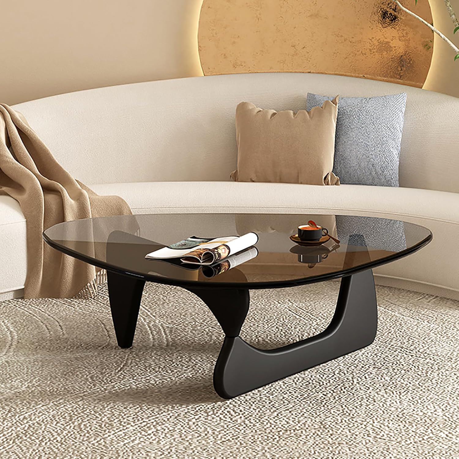 Triangle Coffee Table,Mid Century Modern Glass Coffee Table Solid Wood Base,Clear Abstract Coffee Table for Living Room Low Minimalist Tea Table Coffee Tables(36 * 25.5 * 16 inch, Gray-Black)