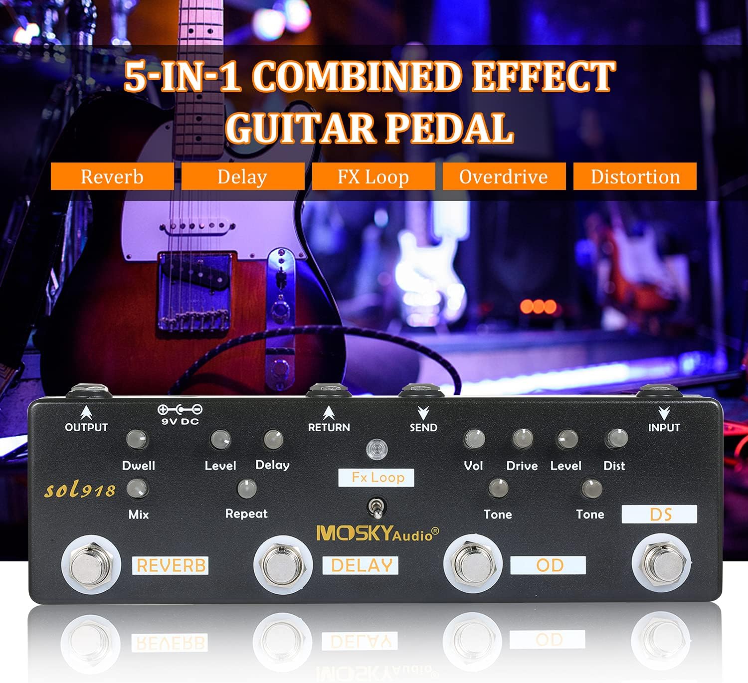 5-in-1 Multi Effect Guitar Pedal with Reverb Delay Overdrive Distortion K14385