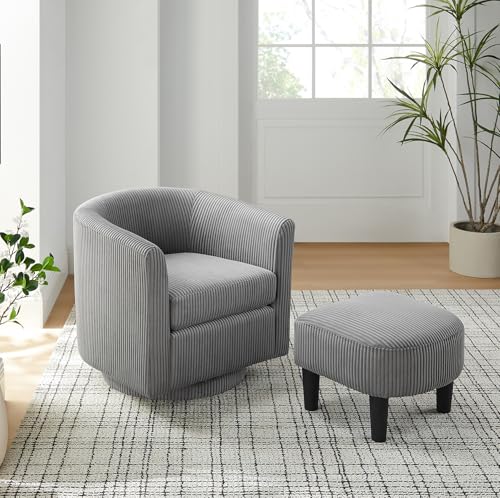 Corduroy Barrel Accent Chair with Ottoman, 360° Swivel, Grey K2375