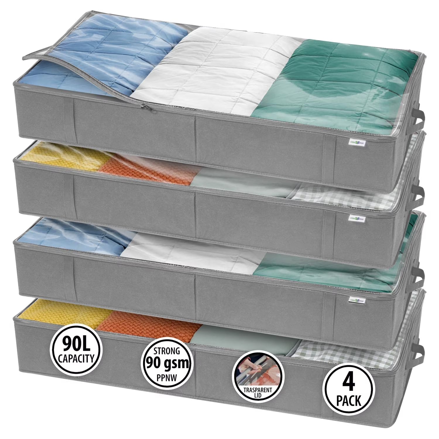 Dust proof under bed storage containers, large capacity closet organizers, ideal for clothes, toys, bedding, bedroom storage solution, gray, 4 pack