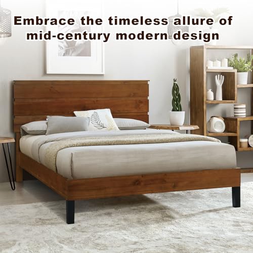 Solid Wood Bed Frame Queen Size Platform Bed with Headboard, Brown L841030