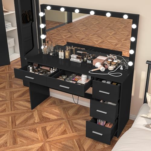 Vanity Desk with Lighted Mirror, 7 Drawers, 3 Lighting Colors, White X572