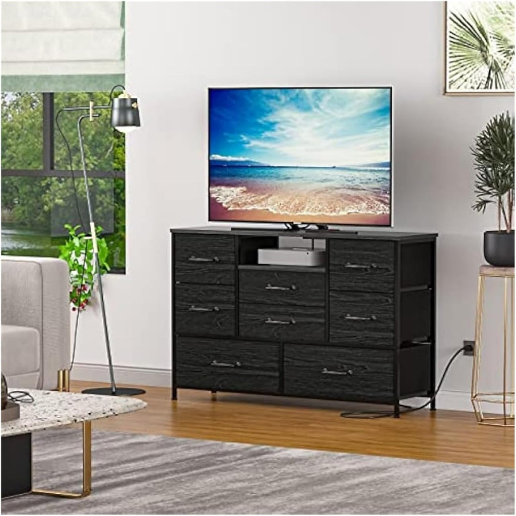 TV Stand with Power Outlet for 55 Inch TV, 8 Drawers, Black F86854
