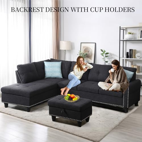 L Shaped Sectional Couch with Recliner and Storage Ottoman, Charcoal Grey R859535