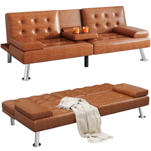 Futon Sofa Bed with Removable Armrests and Cup Holders, Black F343081