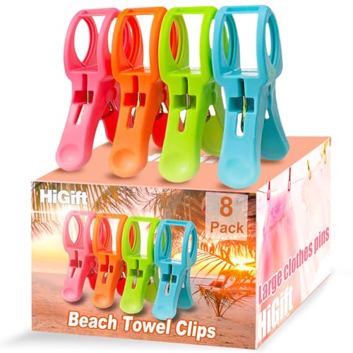 HiGift 8 Pack Beach Towel Clips for Beach Chairs, Large Pool Chair Clips for Towels-Cruise Essentials, Plastic Clothes Pins to Keep Towel from Blowing Away, Beach Accessories for Vacation Must Haves