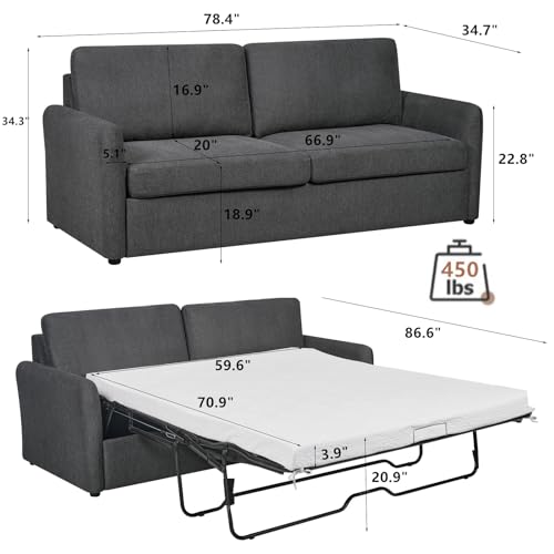Sleeper Sofa Couch with Pullout Bed, Convertible Queen Size, Dark Grey H2839