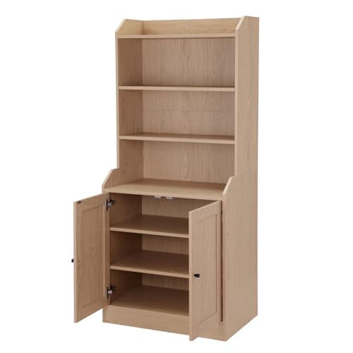 Sideboard Buffet Credenza Storage Cabinet with 3 Drawers and 3 Open Shelves, Natural Oak Q150