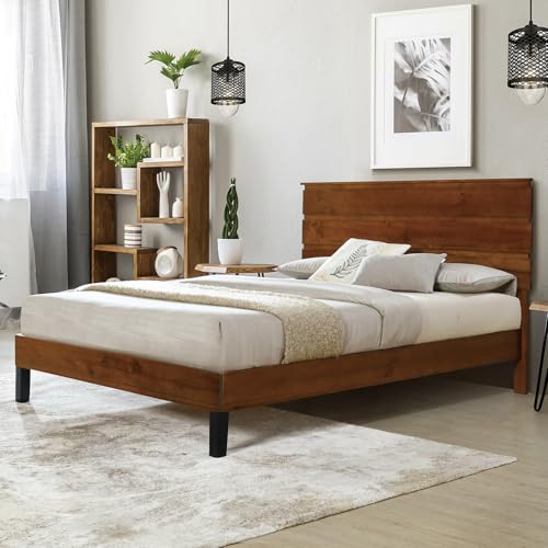 Solid Wood Bed Frame Queen Size Platform Bed with Headboard, Brown L841030