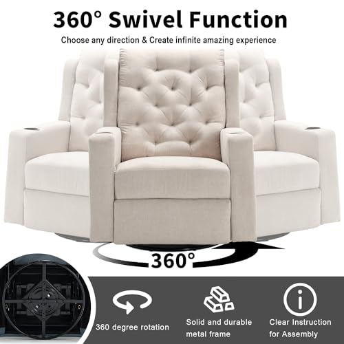 Oversized Swivel Rocker Recliner with Wide Seat Tufted Fabric and Cup Holders K745