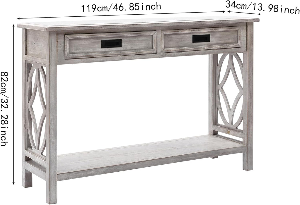 Whitewashed Console Table with Drawers and Storage Shelf J40224