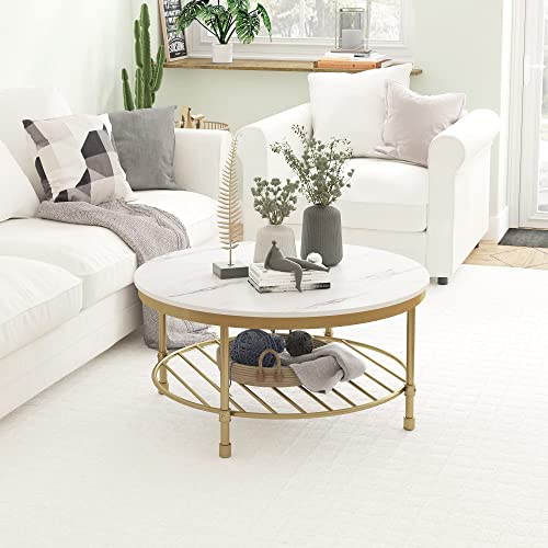 2-Tier Round Coffee Table with Storage Shelf, Rustic Wood and Steel W5841