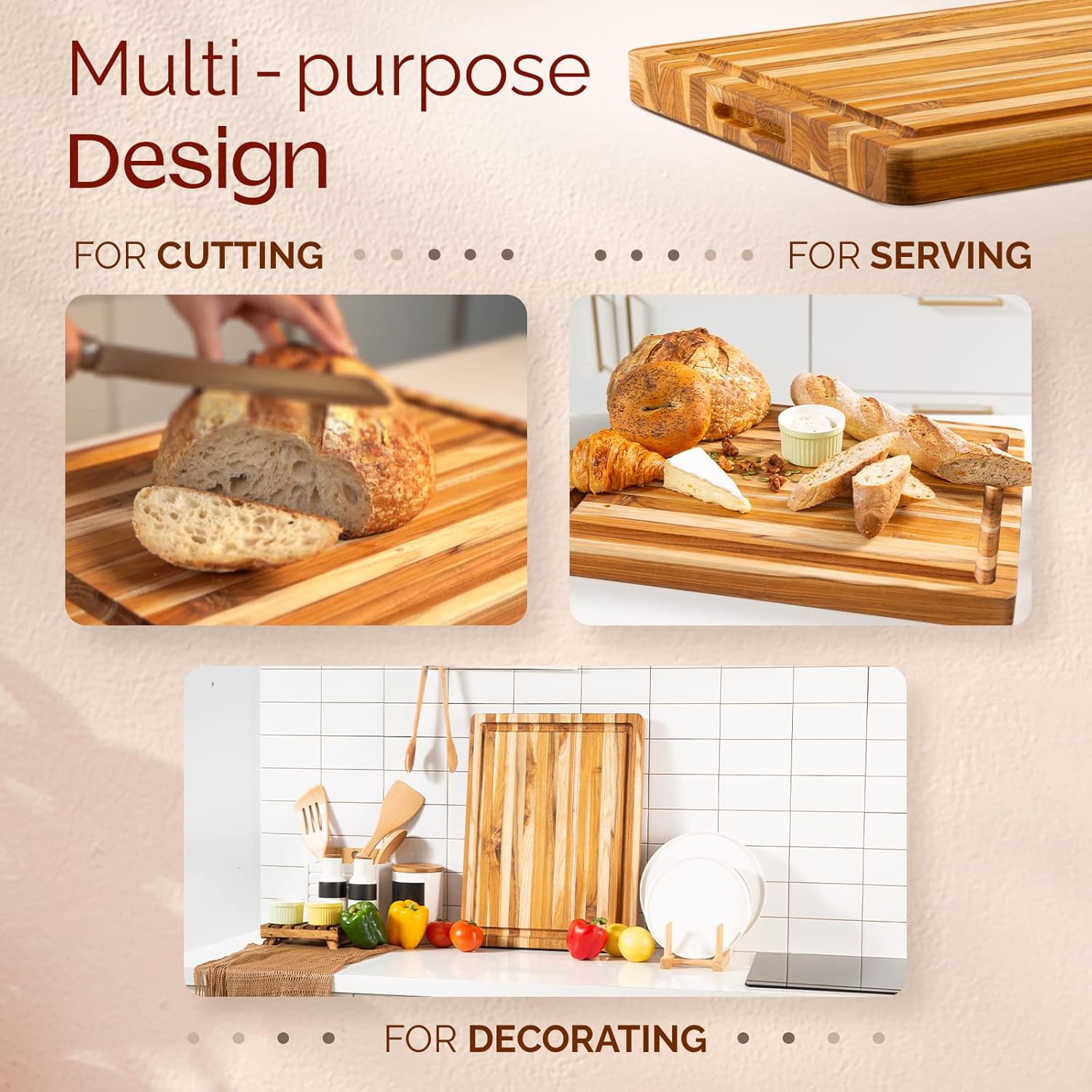 Teak Wood Cutting Board with Deep Juice Groove and Handles, 17 + 20 Inches L96470