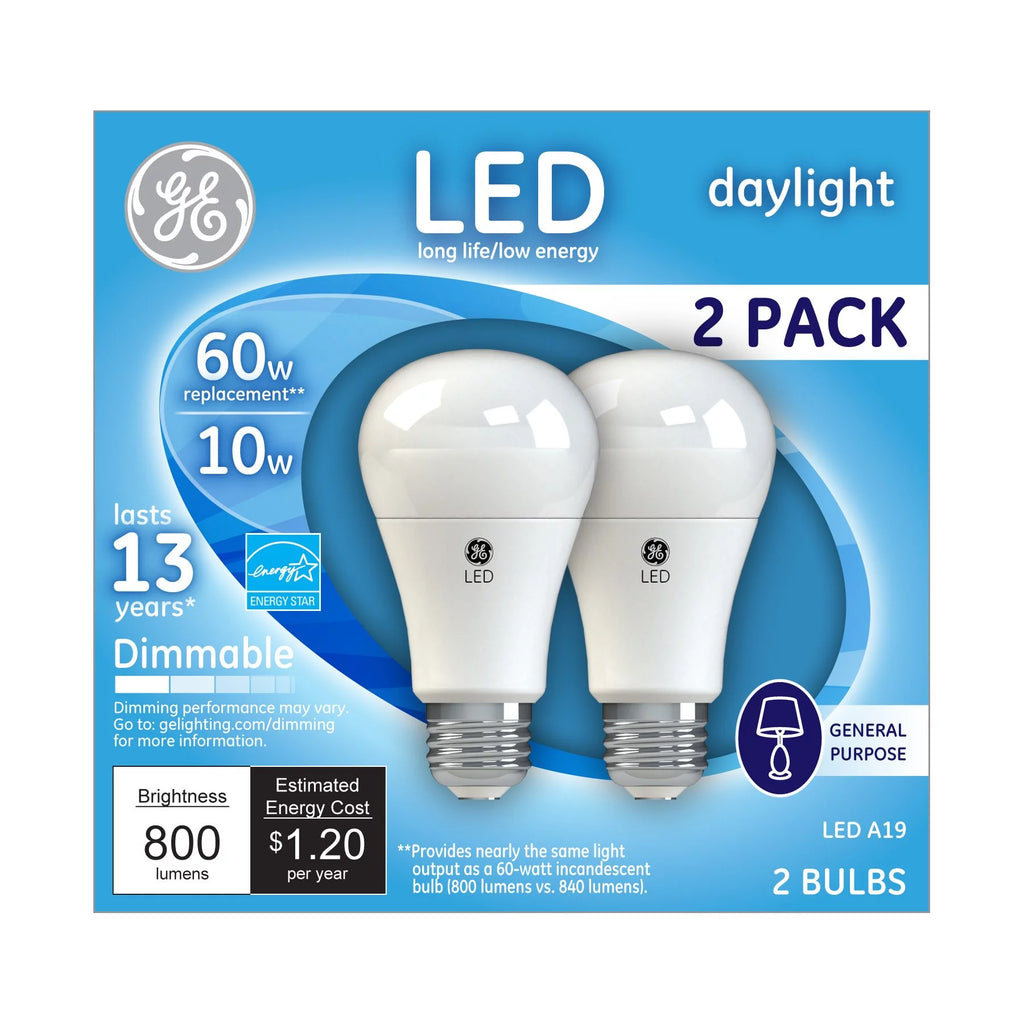 GE LED Daylight 10 Watt (60 Watt Equivalent) General Purpose A19 Light Bulbs, Medium Base, Dimmable (2 Pack)