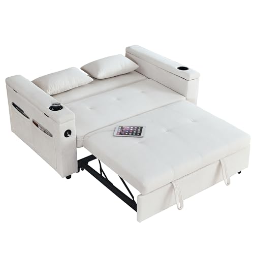 3 in 1 Convertible Sofa Bed 54" Pull Out Couch Bed Chenille 2-Seater Sleeper Sofa Bed with USB Power Outlet,Pillow and Side Pockets, Adjustable Backrest for Apartments, Office, Living Room (White)