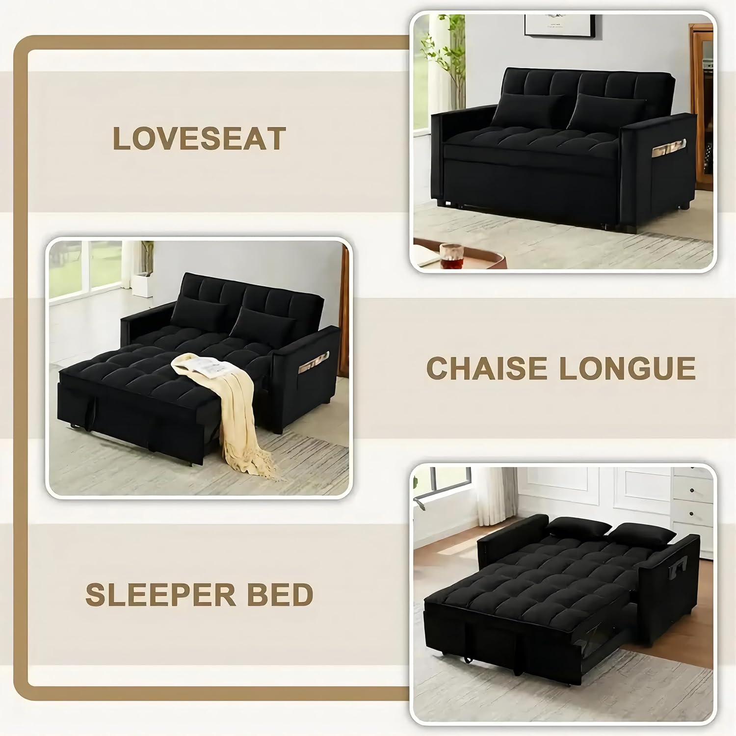 3 in 1 Convertible Sleeper Sofa Bed with Velvet Chaise and Pillows C944809
