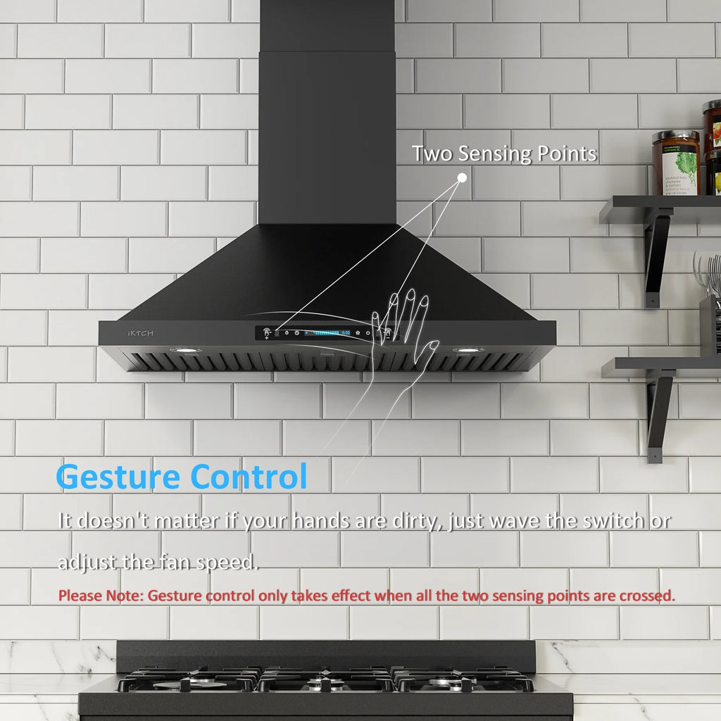 30 inch Black Wall Mount Range Hood, 900 CFM Ducted/Ductless Stainless Steel Vent Hood with Touch Control R7436