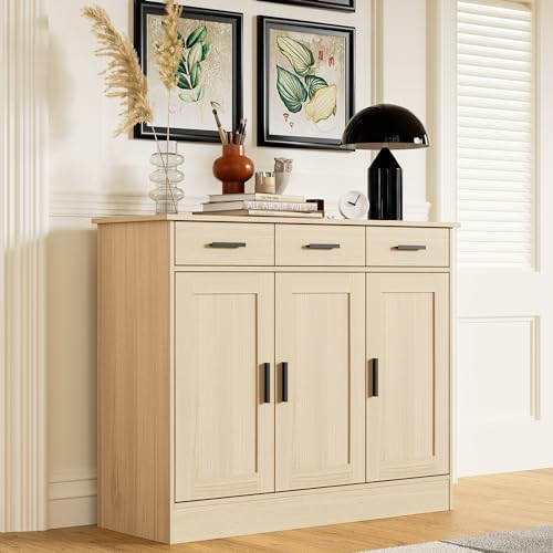 43.3" W Oak Buffet Cabinet, Coffee Bar Cabinet with 3 Drawers & 3 Doors, Kitchen Buffet Sideboard for Living Room, Kitchen