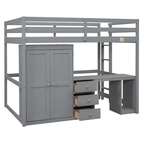 Loft Bed with Wardrobe, Desk and Storage Drawers H15876
