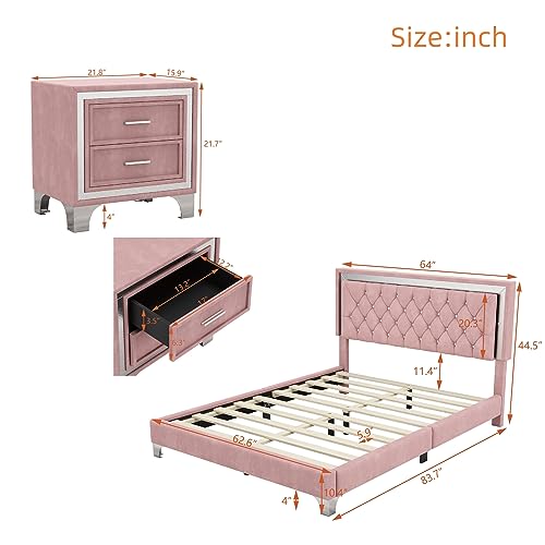 Queen Size Upholstered Platform Bed with LED Lights and 2 Nightstands E200234