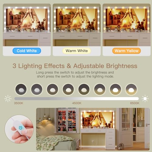 Vanity Desk with Lighted Mirror, 7 Drawers, 3 Lighting Colors, White X572