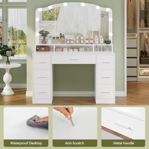 Vanity Desk with Lighted Mirror, 7 Drawers, 3 Lighting Colors, White X572