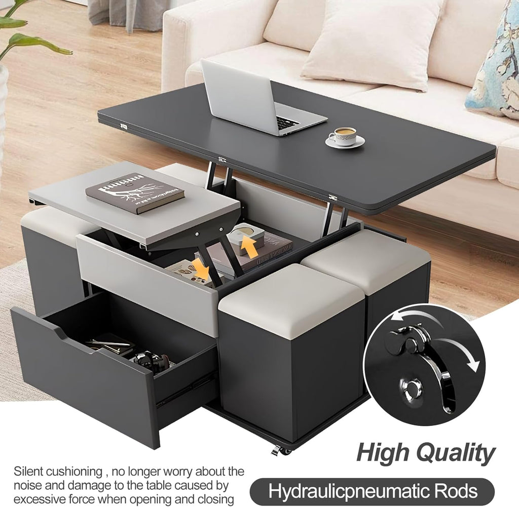 Lift Top Coffee Table, 3-in-1 Adjustable with Storage and Wheels E4192