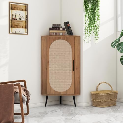Corner Storage Cabinet with Rattan Doors & Adjustable Shelves N264