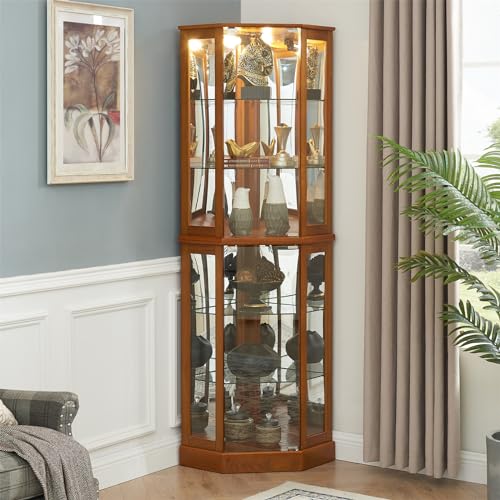 SSLine Lighted Corner Display Curio Cabinet Traditional 6-Shelf Wooden Display Cabinet with Adjustable Shelves 72" Tall Glass Shelving Unit for Curio Collectibles Storage(Walnut)