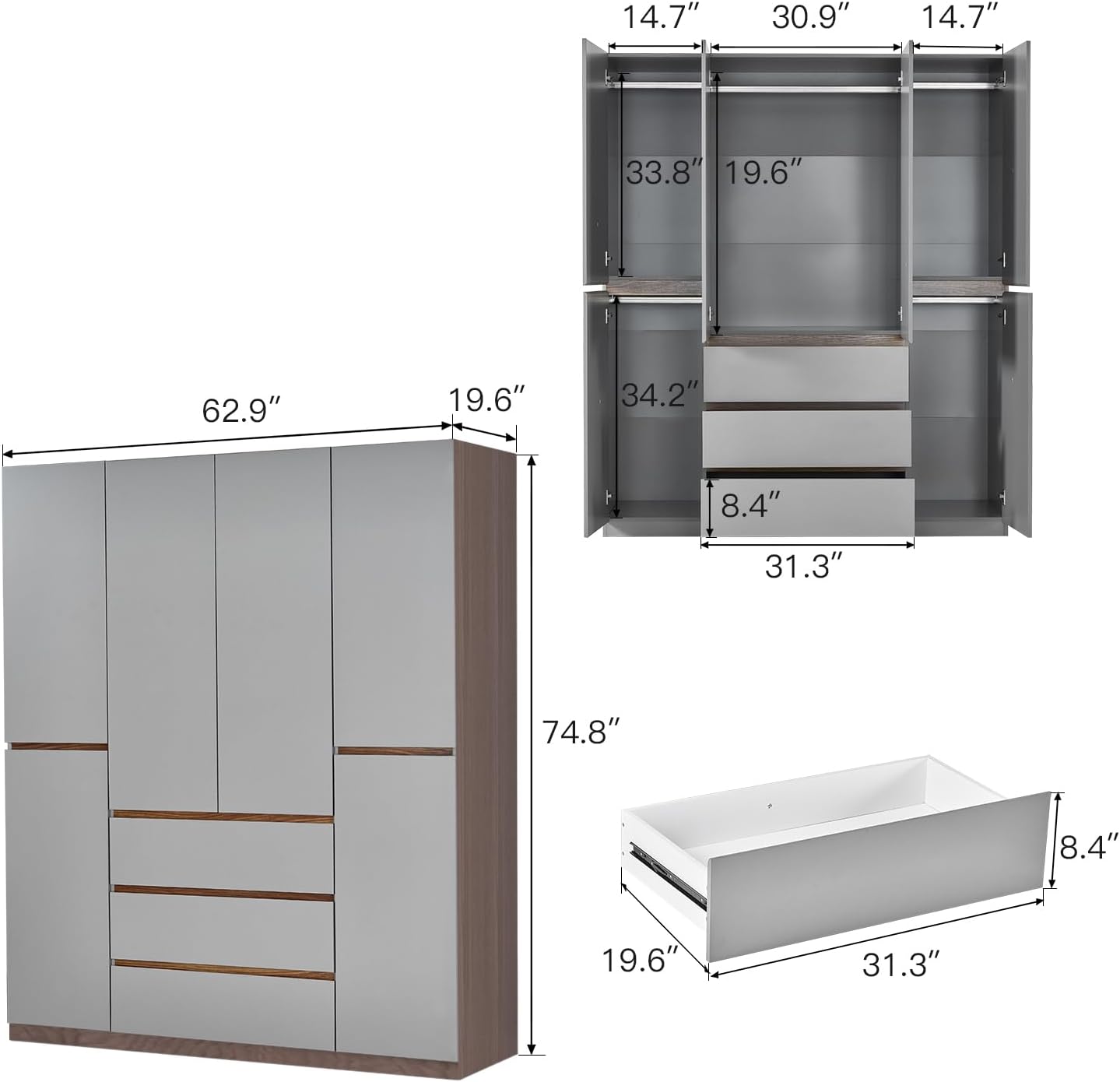 Wooden Armoire Wardrobe Closet, 4-Door 3 Drawers, Gray K556