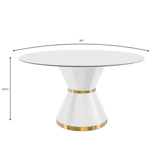 Modern Dining Table with Round Glass or Sintered Stone Top, White Steel, Seats 6-10, 60" Wide, Black G857478
