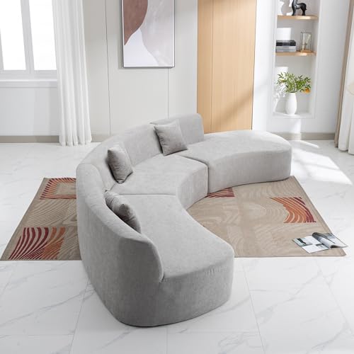 Curved Chenille Sectional Sofa with Three Throw Pillows, Grey I1781