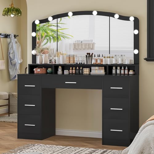 Vanity Desk with Lighted Mirror, 7 Drawers, 3 Lighting Colors, White X572