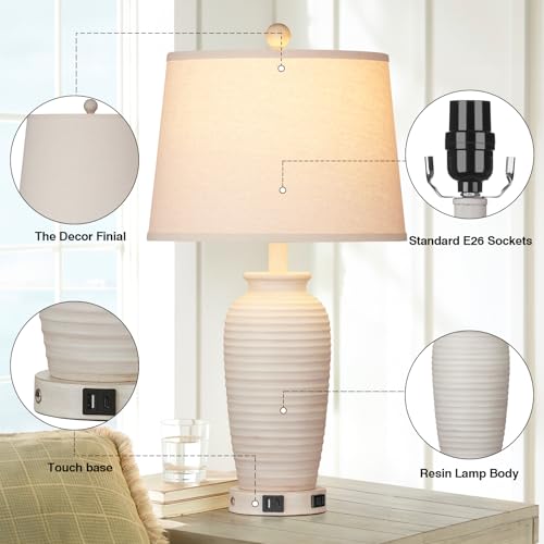 Rustic Bedside Table Lamps Set of 2, Touch Control with USB & AC Outlet V3485