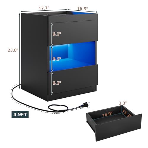Set of 2 Nightstands with Charging Station and LED Lights, Glass Top Bedside Tables U913