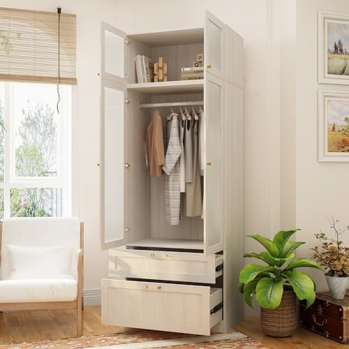 Large Wardrobe Cabinet with Frosted Glass Doors and Hanging Rod Z737