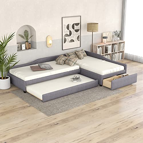 L Shaped, Upholstered Double Size Daybed with Trundle and Storage Drawer, Upholstery Platform Bedframe 3 in 1 Wood Beds Frame for Boys and Girls, No Box Spring Needed, Twin/Twin, A-Gray oo