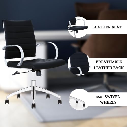Ribbed Mid Back Conference Chair with Lumbar Support, 360 Swivel, Black, Pack of 8 U198196