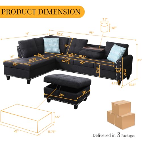 L Shaped Sectional Couch with Recliner and Storage Ottoman, Charcoal Grey R859535