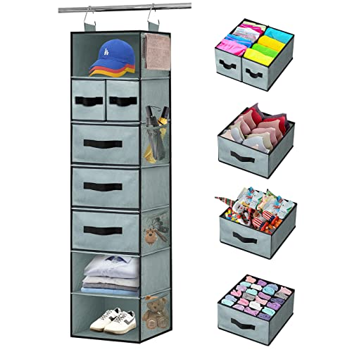 VERONLY 7-Shelves Hanging Closet Organizer with 5 Drawers, Hanging Closet Shelves Storage and 8 Mesh Pockets, Closet Organization and Storage for Wardrobe, Nursery, Baby, Underwear, Dorm(Gray)