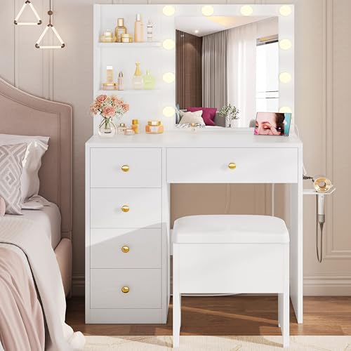 Vanity Desk with Mirror and Lights, 5 Drawers, Power Outlet, Stool C1758