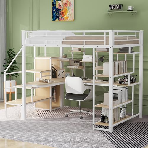 Metal Loft Bed with Storage Staircase and Desk V76393
