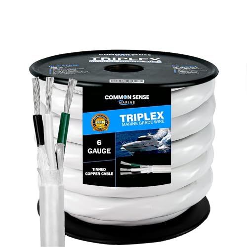 6 Gauge 3 Conductor Marine Wire - 50 ft Triplex Flat Marine Grade Wire Tinned Copper Oxygen-Free Insulated - 6/3 AWG UL 1426 Standard PVC Wire for Boat, Automotive, Speakers, Camper & Trailers