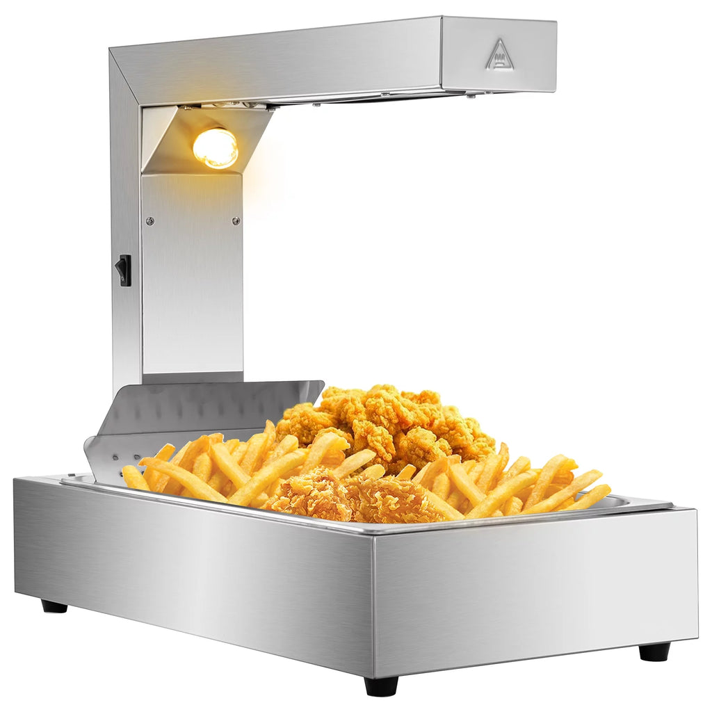 VEVOR 110V French Fry Food Warmer 23" x 13.5in 900W Fry Heat Lamp with Detachable Bent Drain Board Drip Pan, Stainless Steel Food Heat Light 86-185℉,Free Standing Fried Chicken Warmer with Light