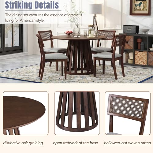 Round Dining Table Set for 4-6 with Upholstered Chairs, Walnut T359