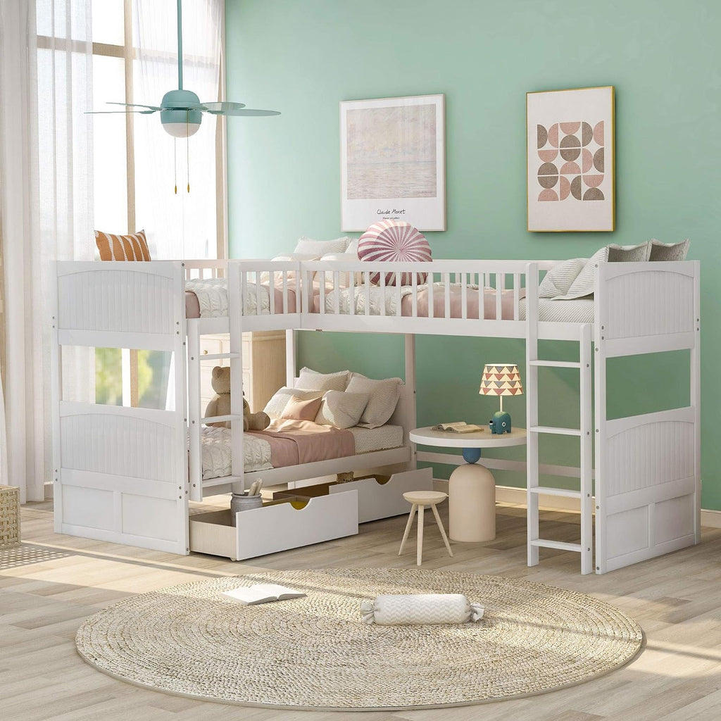 L Shape Corner Bunk Bed Triple, Loft Bed with 2 Drawers, Multifunctional Storage Loft Bed, Bunk Bed, Double Loft Bed for Bedroom, Space Saver, Bedroom Furniture suit for 3 Kids, Teens, white