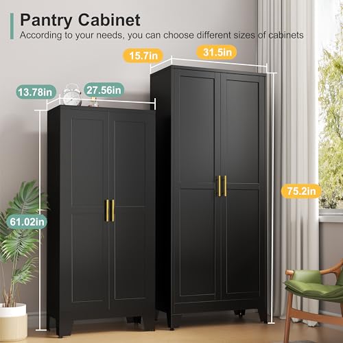 Metal Pantry Cabinet with 2 Doors and 5 Adjustable Shelves, 75" Kitchen Storage, White K306