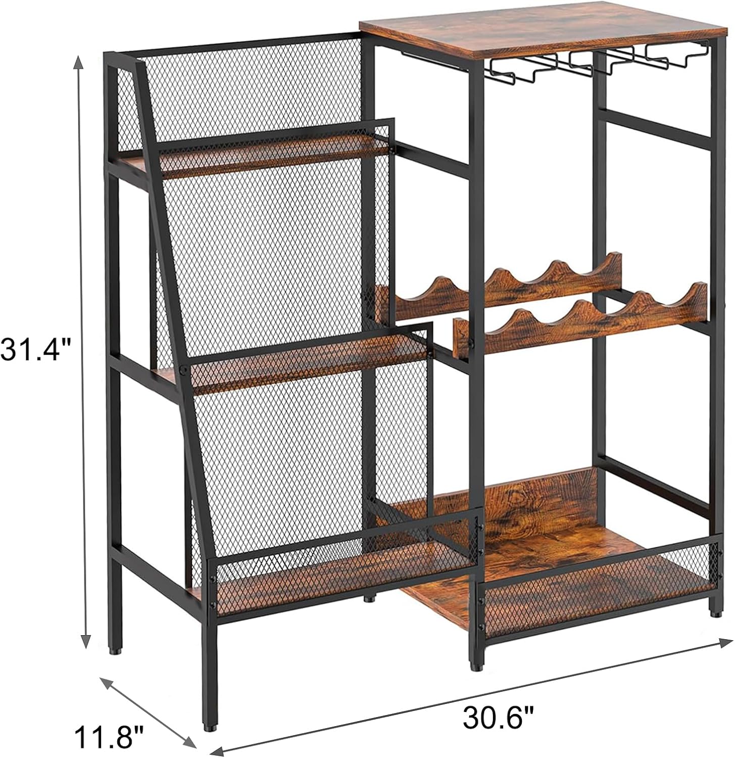 Free Standing Floor Liquor Cabinet with Glass Bottle Holder, 3-Tier Display Shelf, Rustic Brown E213
